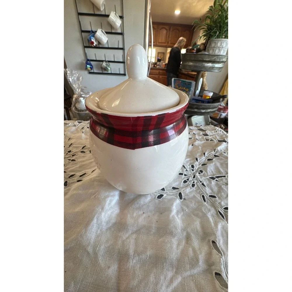Rae Dunn SCOOP sugar jar red plaid ceramic 2016